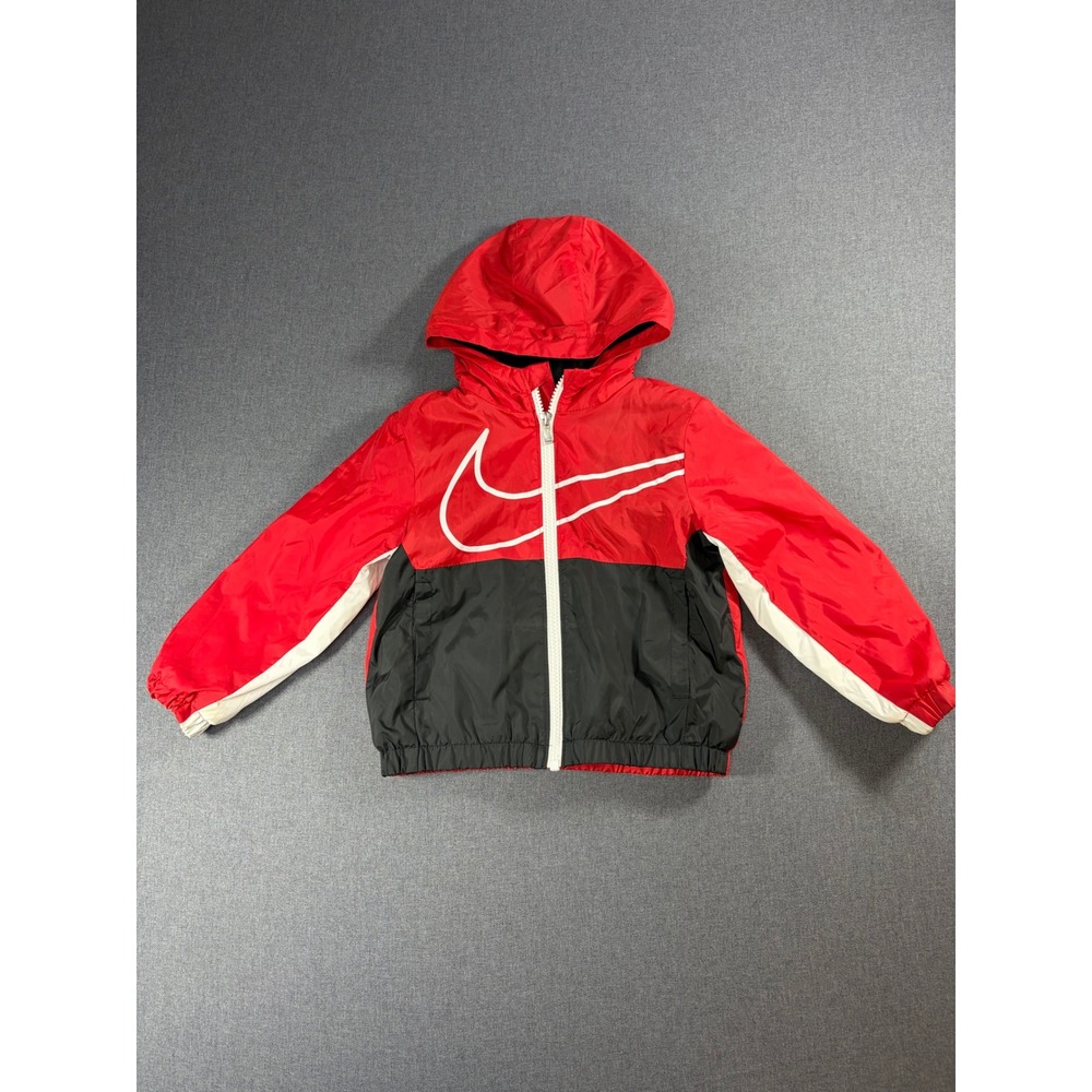 Nike Toddler Boys Red Black Colorblock Windbreaker Hooded Jacket 2T